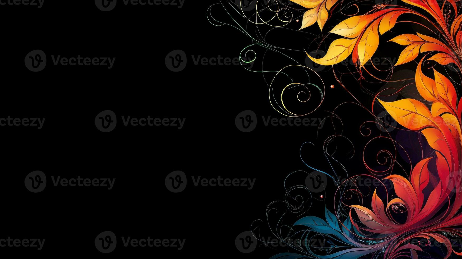 Floral border frame card template. multicolor flowers, leaves, for banner, with dark background, Generative AI illustration photo