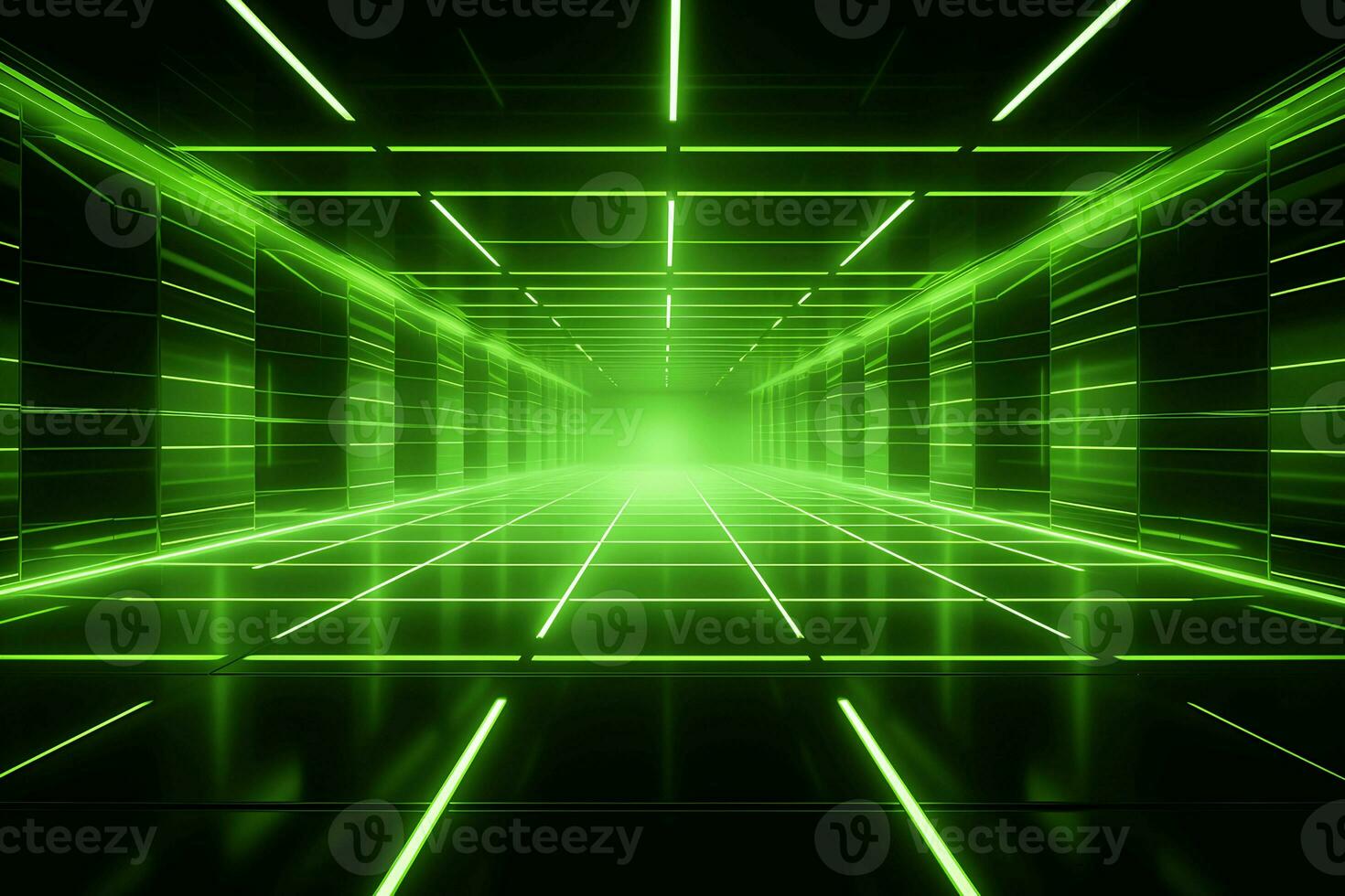 Abstract neon green background, cyber space, parallel universe, lines, stripes, glow. AI generated photo