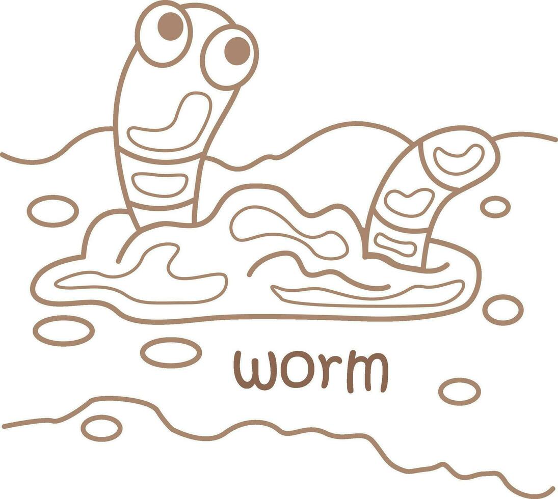 Alphabet W For Worm Vocabulary School Lesson Cartoon Coloring Pages for Kids and Adult vector