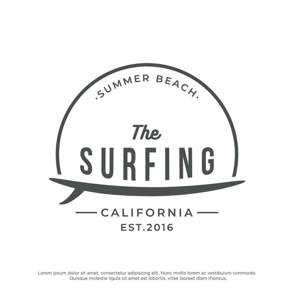 Summer Surfing california logo template retro vintage with surfboard and waves concept.Logo for label, summer holiday, business, badge. vector