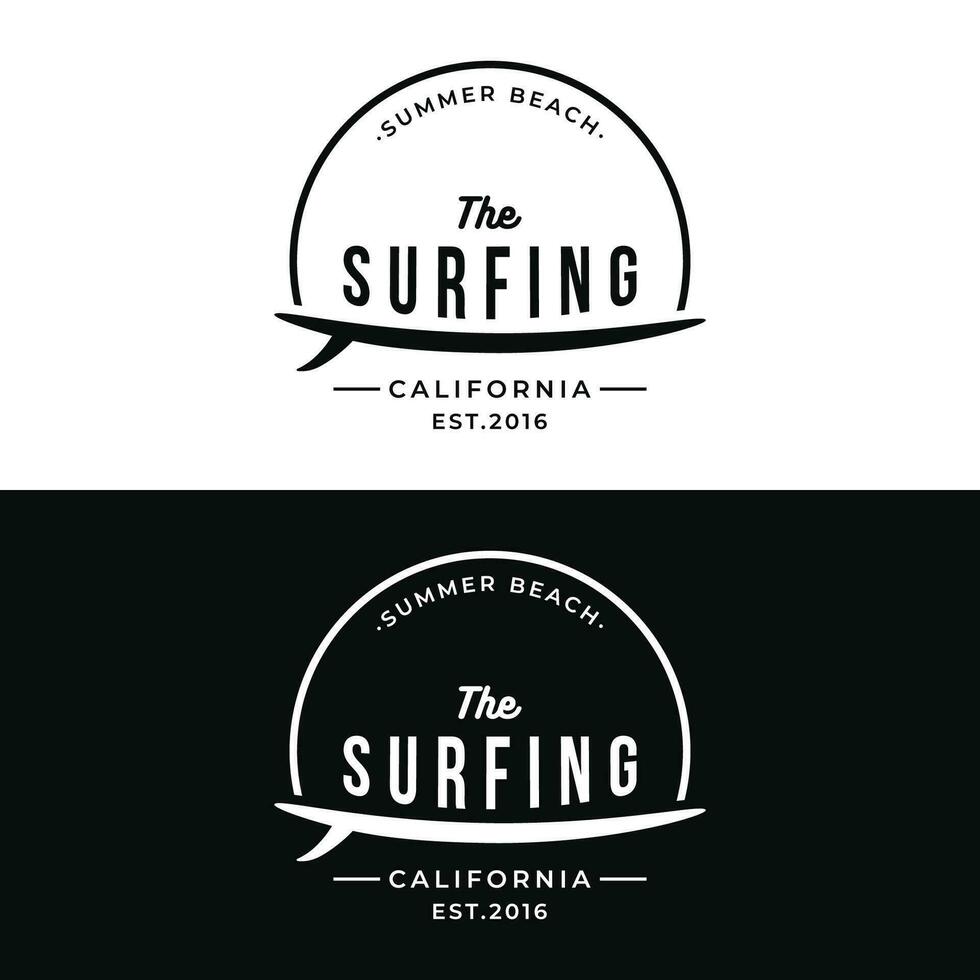 verano surf California logo modelo retro Clásico con tabla de surf y olas concepto.logo para etiqueta, verano día festivo, negocio, insignia. vector