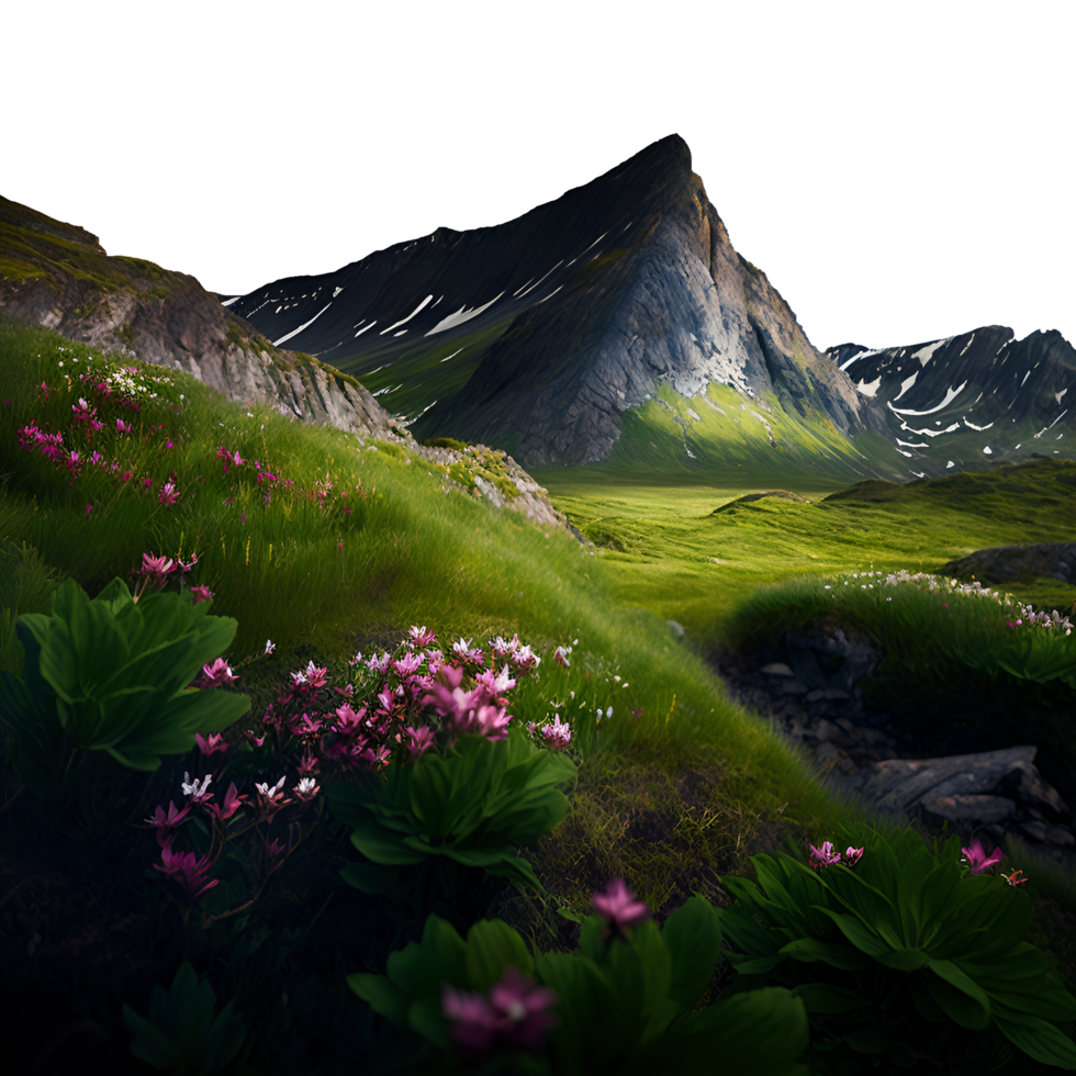 grass land with beautiful background of mountain on ttransparent generative AI png