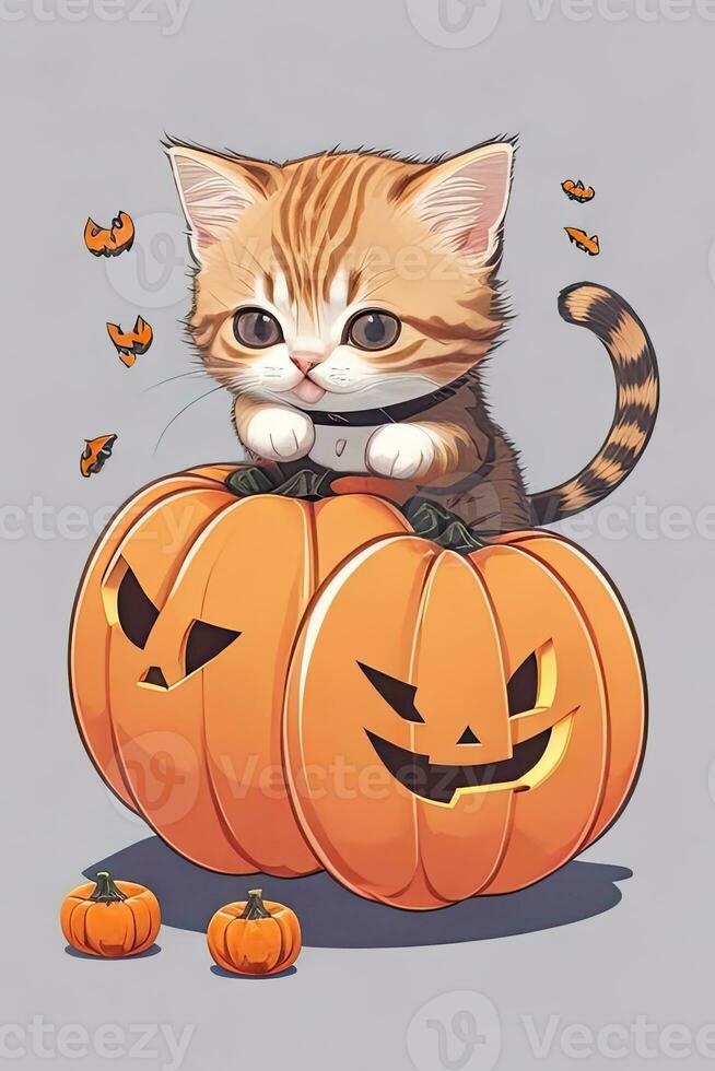 Cute kitten in horror evil face pumpkin. Vector cartoon illustration. AI generated. photo