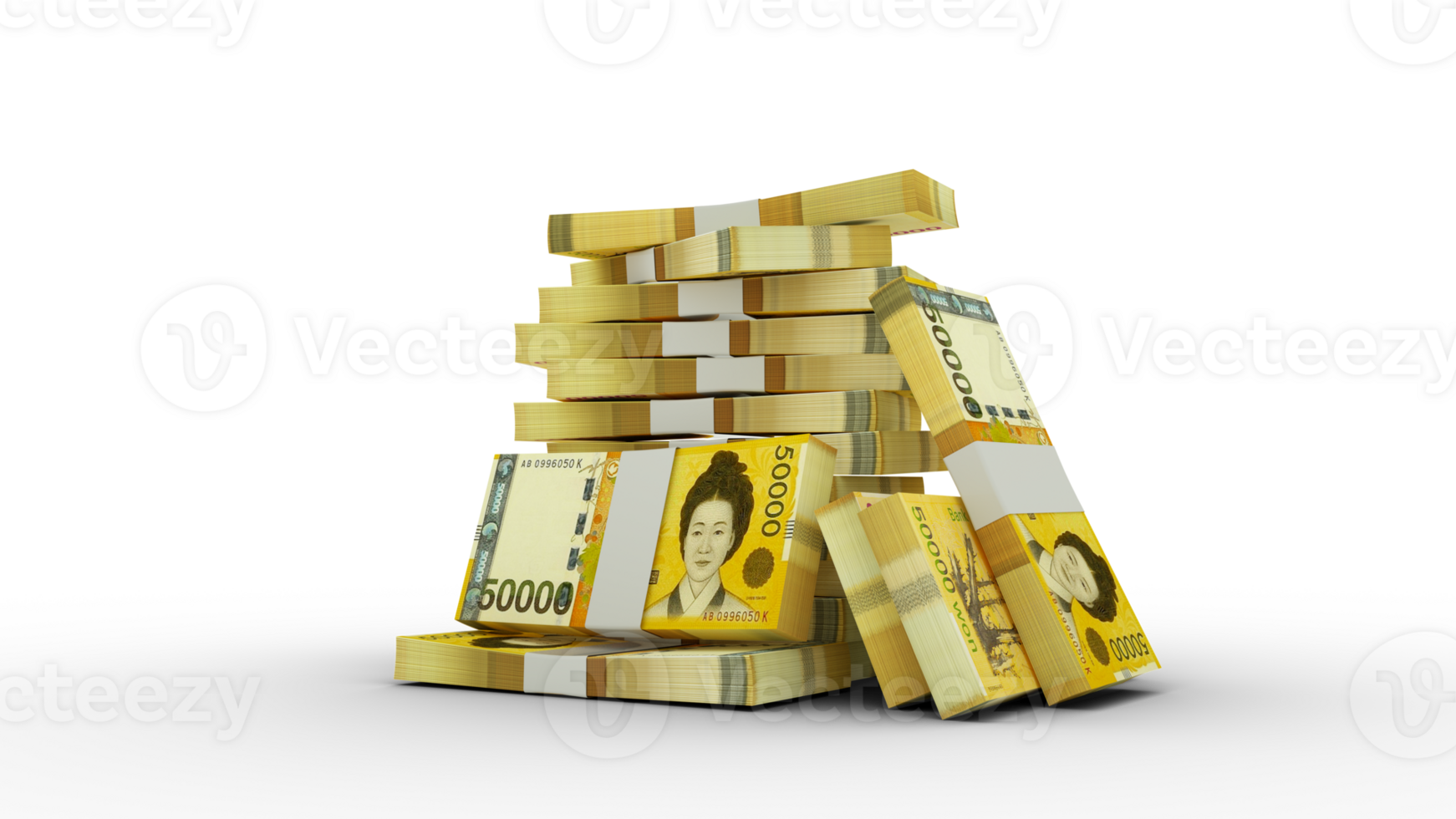 3d rendering of Stacks of South Korean won notes. bundles of South Korean currency notes isolated on transparent background png