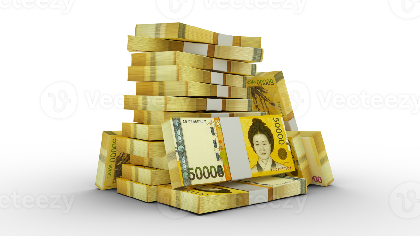 3d rendering of Stacks of South Korean won notes. bundles of South Korean currency notes isolated on transparent background png