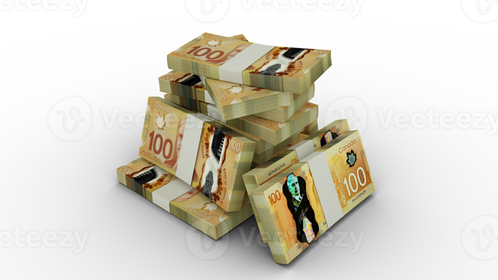 3d rendering of Stacks of Canadian dollar notes. bundles of South Korean currency notes isolated on transparent background png