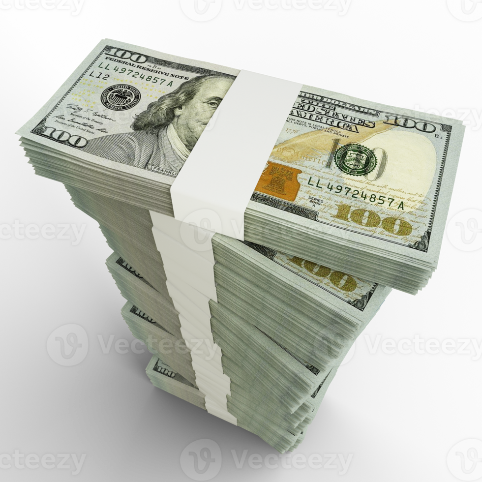 3D rendering of stacks of US dollar notes arranged in a long single column. 3d rendering of bundles of cash png