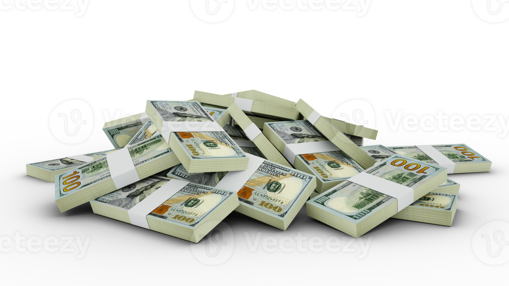 3d rendering of Stacks of 100 US dollar notes. bundles of United states currency notes isolated on transparent background png