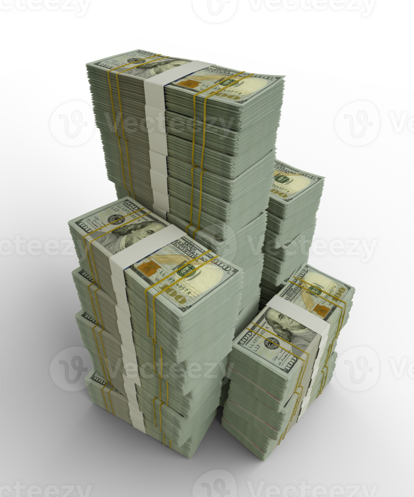 stacks of US dollar notes. 3d rendering on bundles of money png