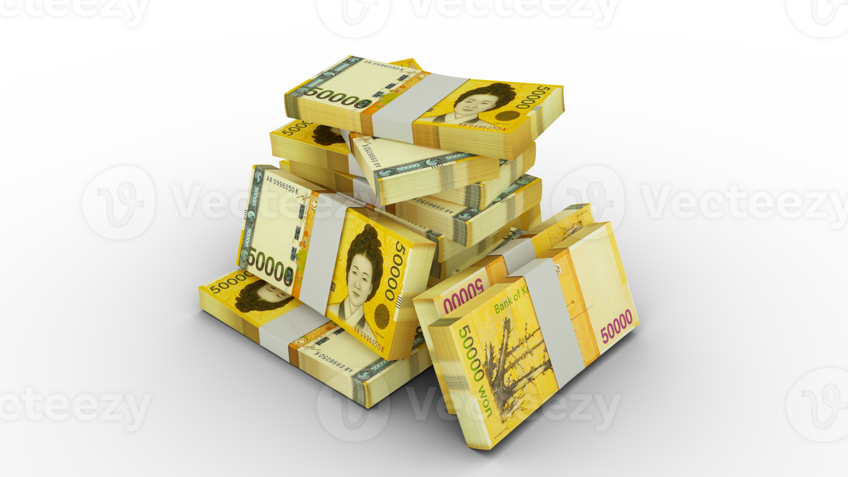 3d rendering of Stacks of South Korean won notes. bundles of South Korean currency notes isolated on transparent background png