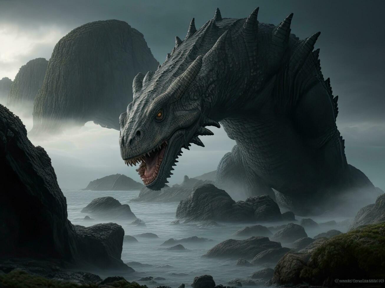 Dinosaur in the sea. 3D render. Fantasy landscape. AI generated. photo