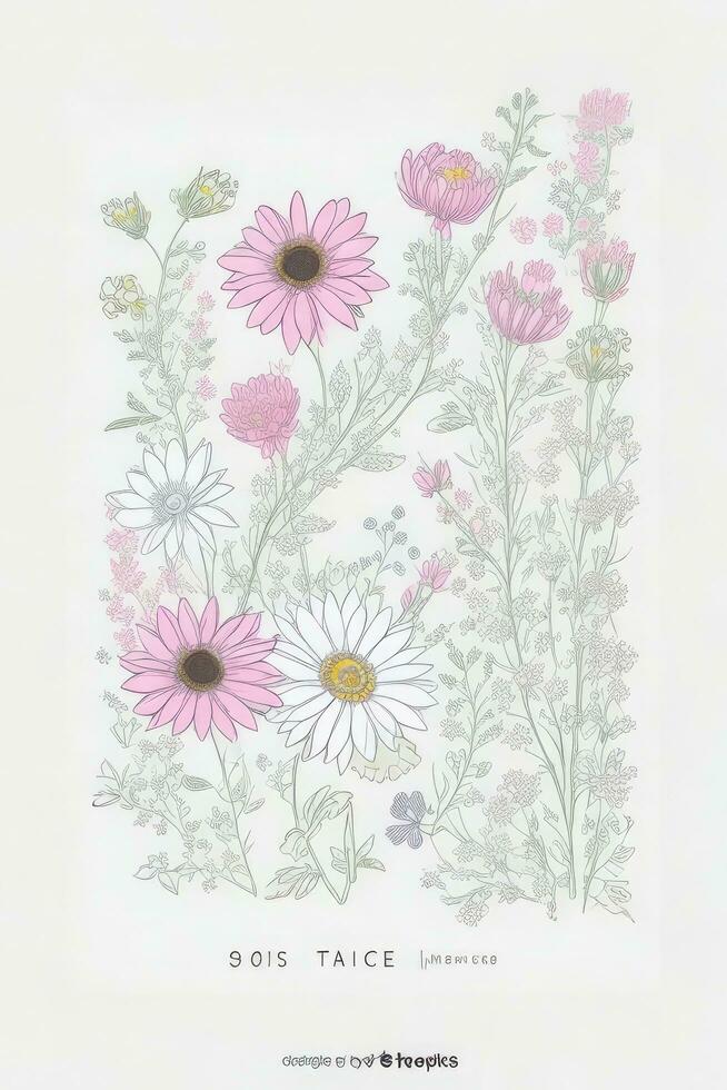 Beautiful hand drawn vector illustration of wild flowers. Can be used as a greeting card or wedding invitation. AI generated. photo