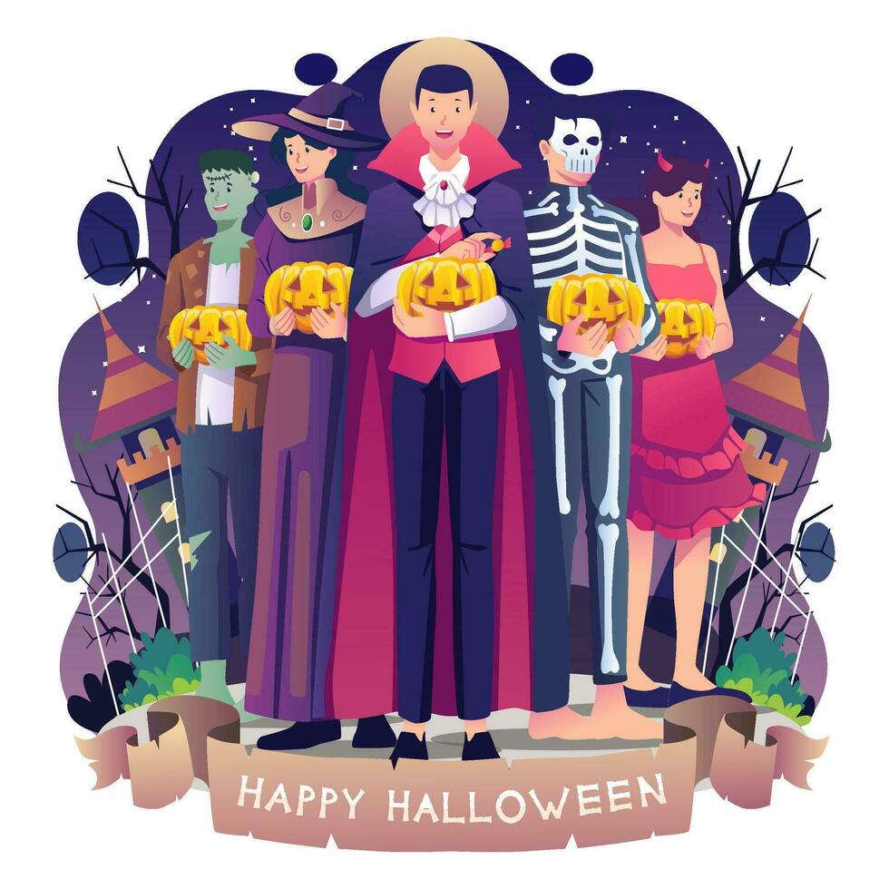 happy halloween kids with their parents and halloween pumpkins illustration bundle pack october vector eps