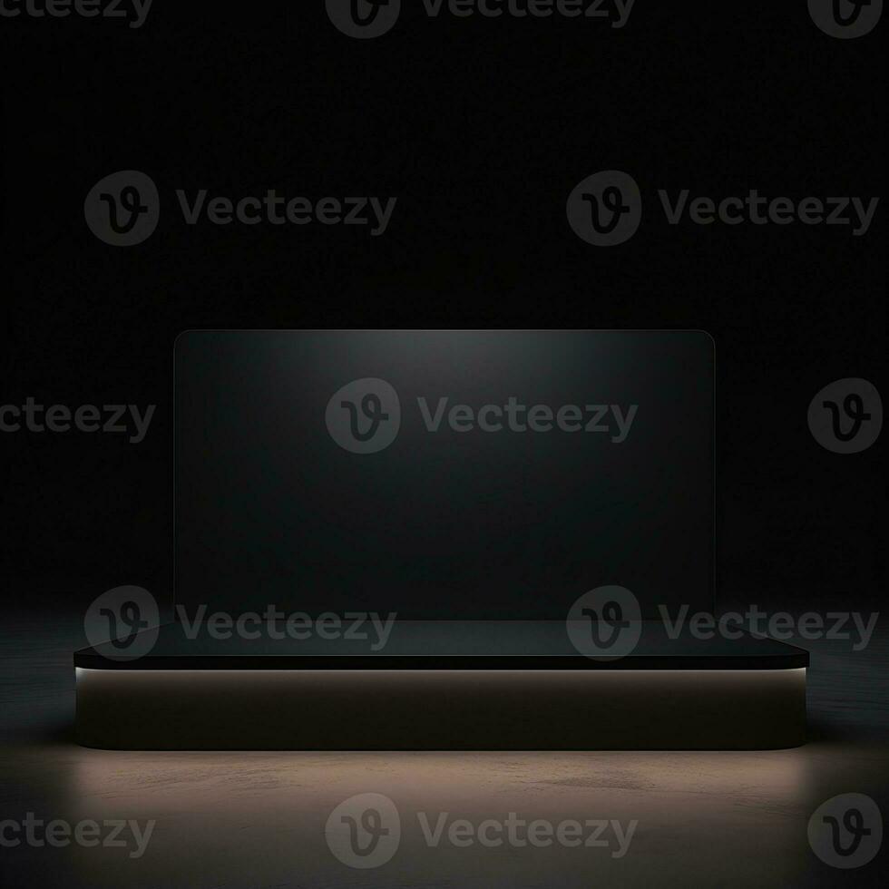 Stage, podium, empty pedestal for displaying objects and advertising goods, pink, black, round, square, glow. Generative AI photo
