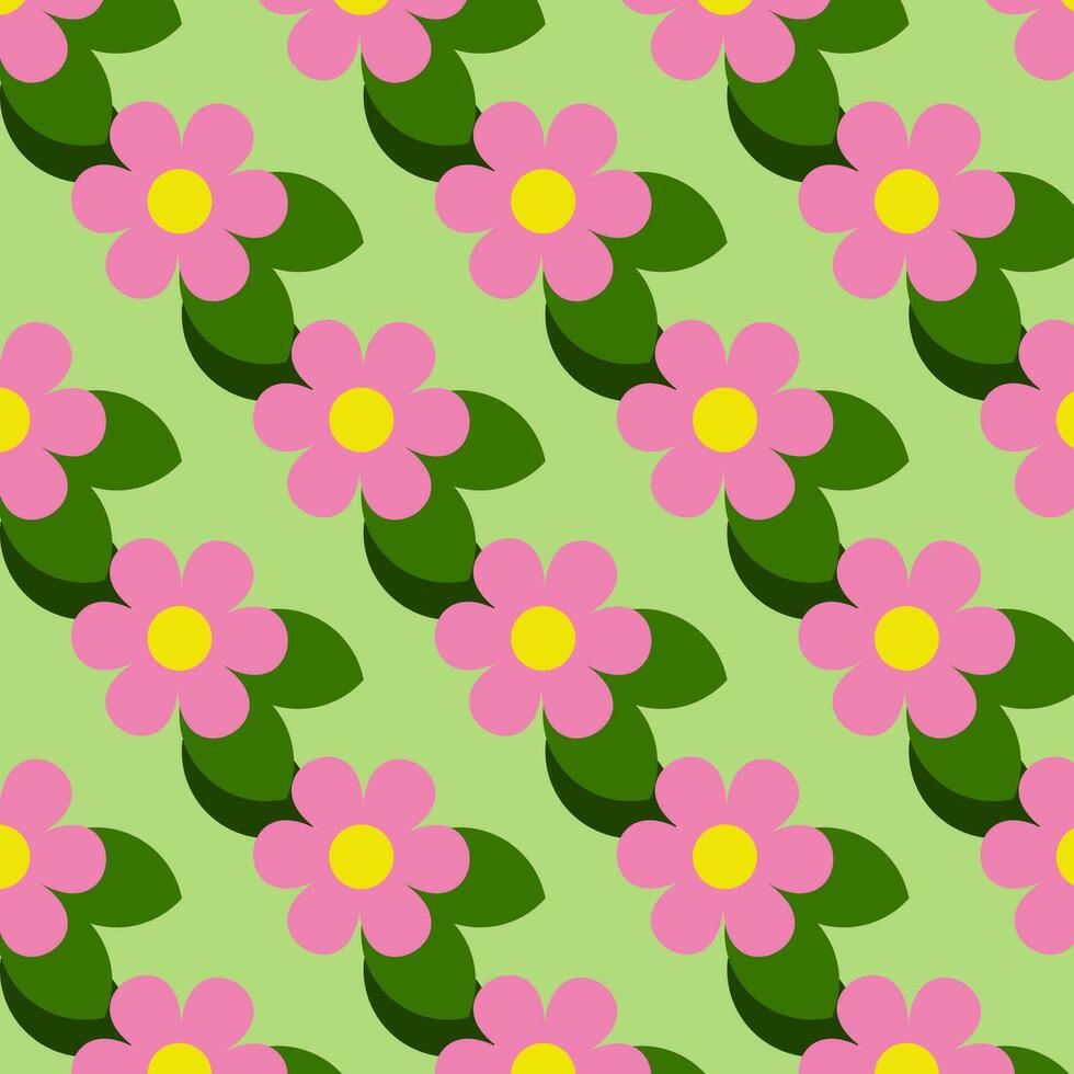 Pink flowers on a green background, repeating pattern vector