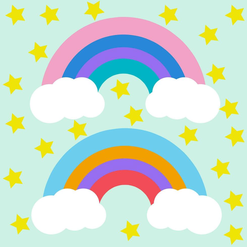 Colorful rainbow with clouds and stars on a blue background vector