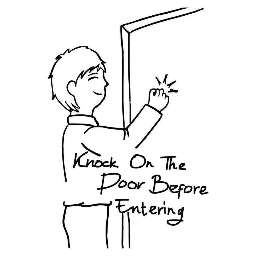 Hand drawn doodle sketch of directions to knock on door before entering suitable for Caution at door. Vector design