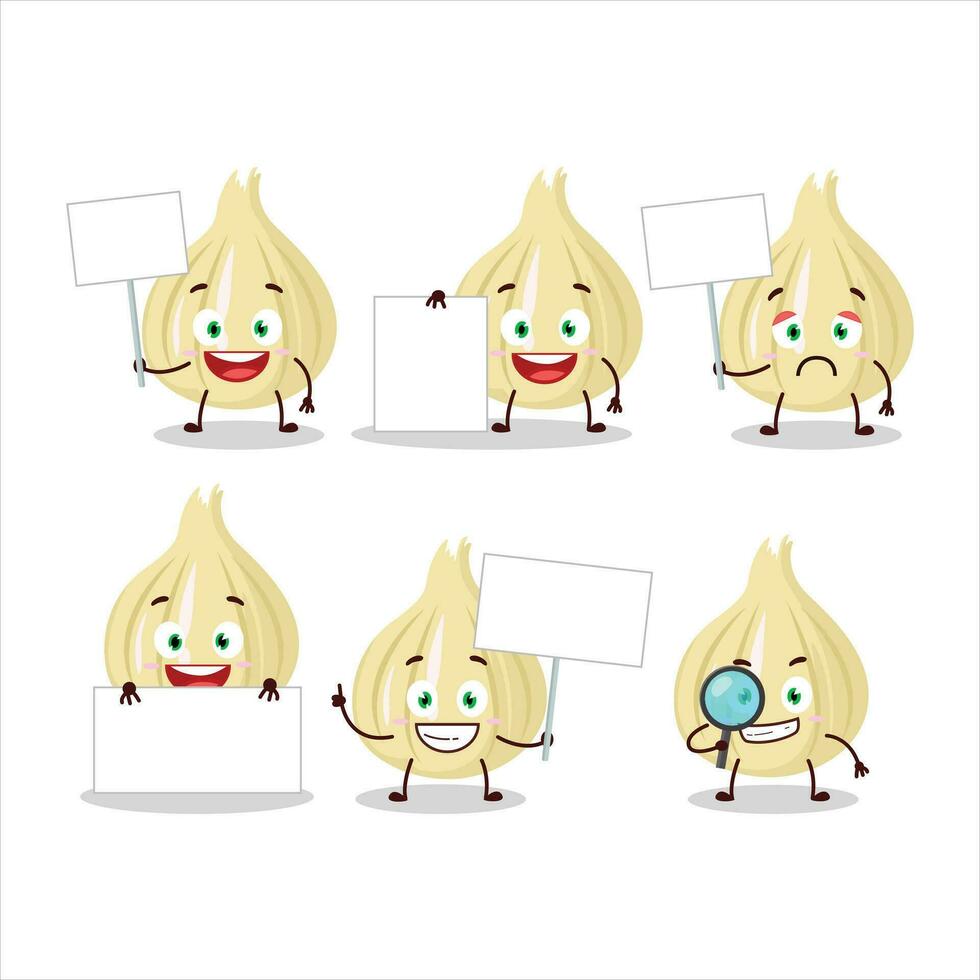 New garlic cartoon character bring information board vector