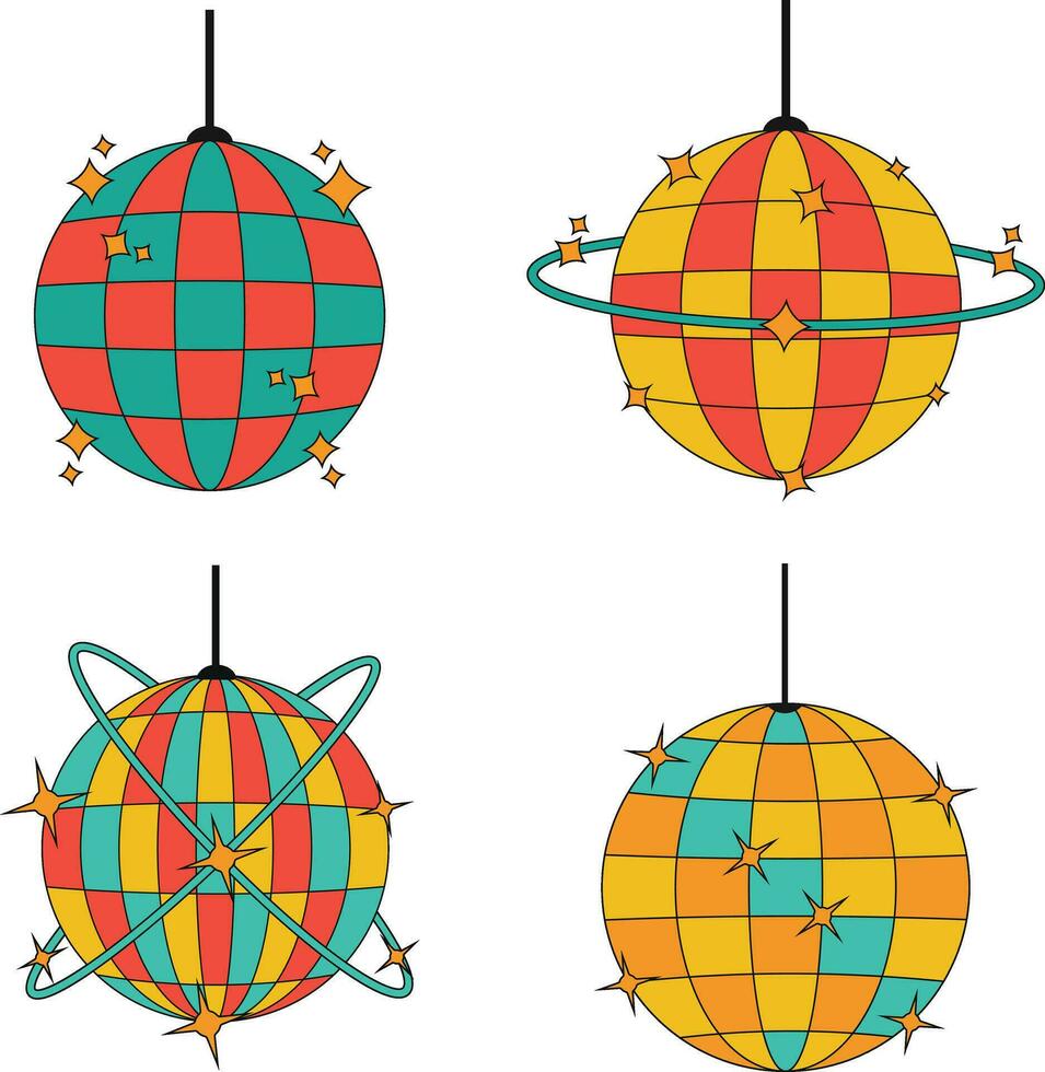 Retro Disco Ball Icon Set. Cartoon Style. 80s Party Symbol vector