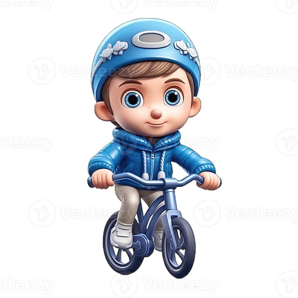cute 3d character boy wear a jacket and ride a cycle, transparent background png