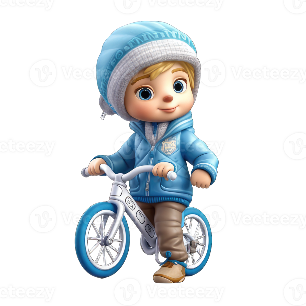 cute 3d character boy wear a jacket and ride a cycle, transparent background png