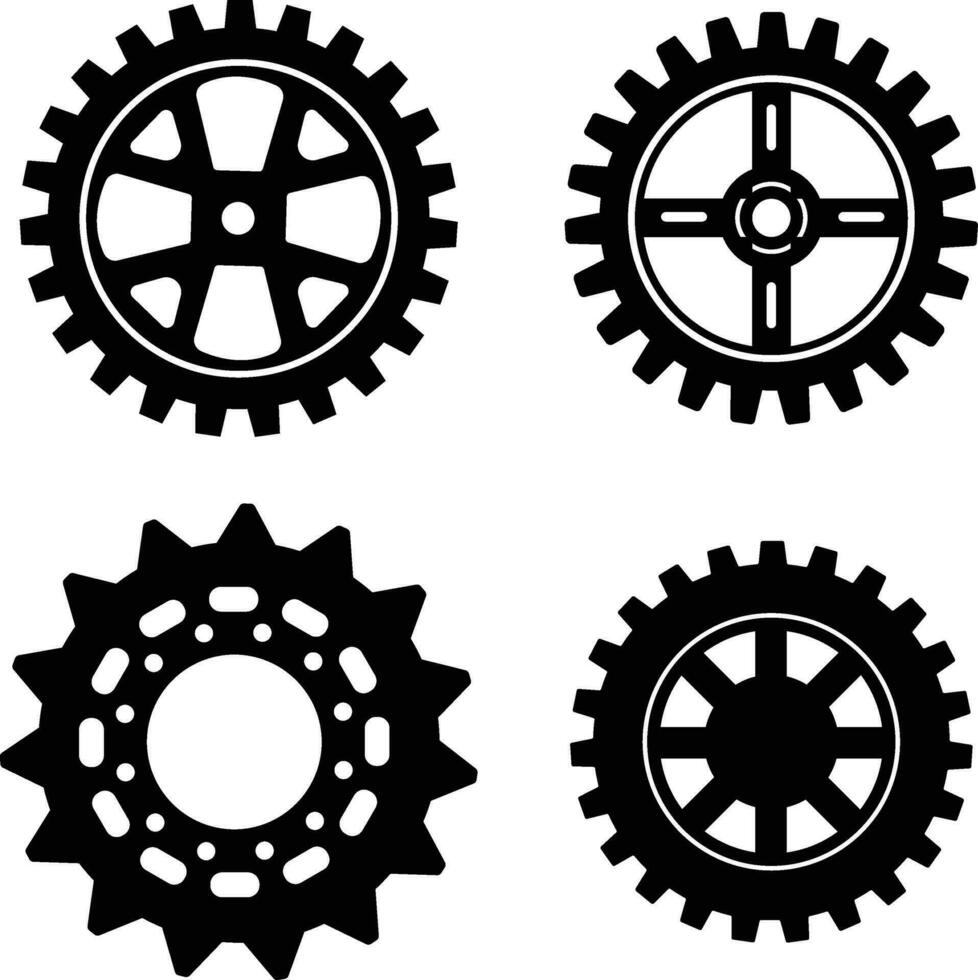 Gear Wheel Machine Icon Set. Flat Design. Isolated Black Vector