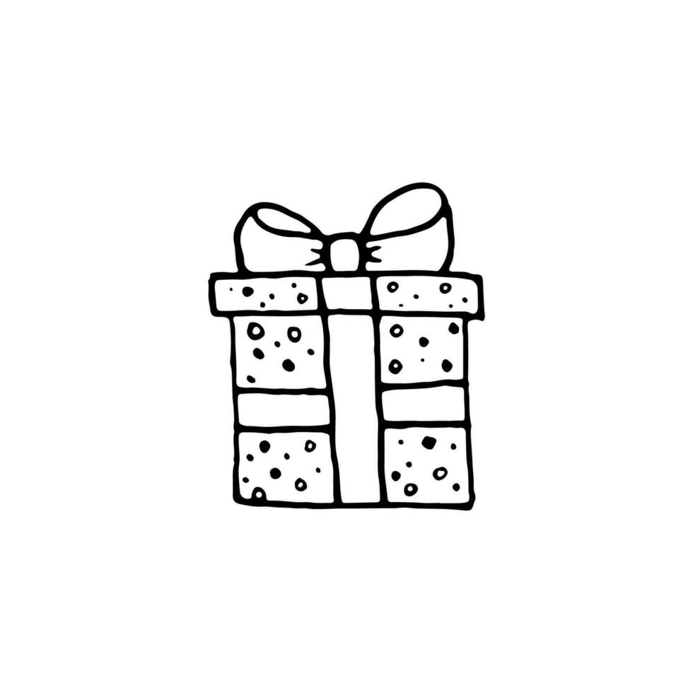 Doodle gift box with bow icon isolated on white background. Christmas and Birthday presents with hearts thin line doodle in cartoon style. Gift wrap or package. Hand drawn icons vector illustration