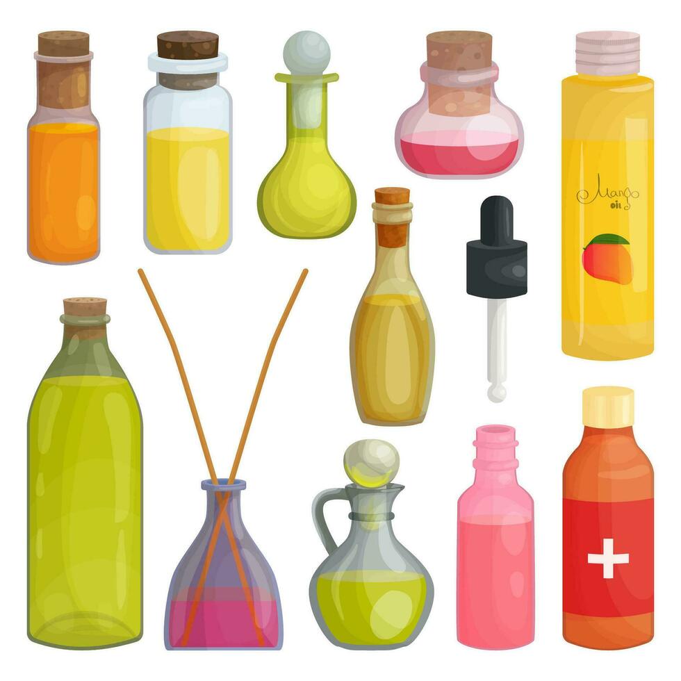 vaso frascos conjunto de vegetal o esencial aceite, nuez líquido petróleo en dibujos animados estilo. un botella de aromaterapia petróleo para spa tratos, Cocinando y perfumes, a hogar. icono para sitio web diseño, embalaje vector