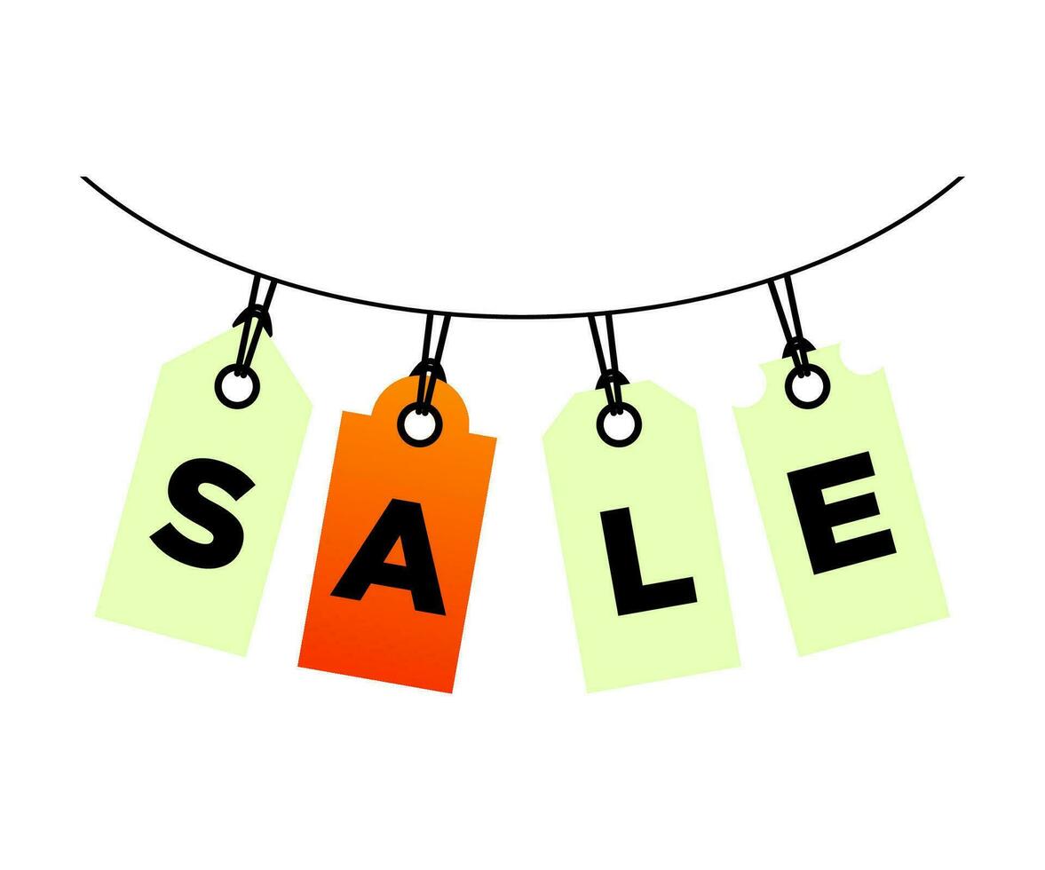 Sale signboard isolated on white background, orange labels suspended on ropes. For banner ads, big discounts and black friday vector