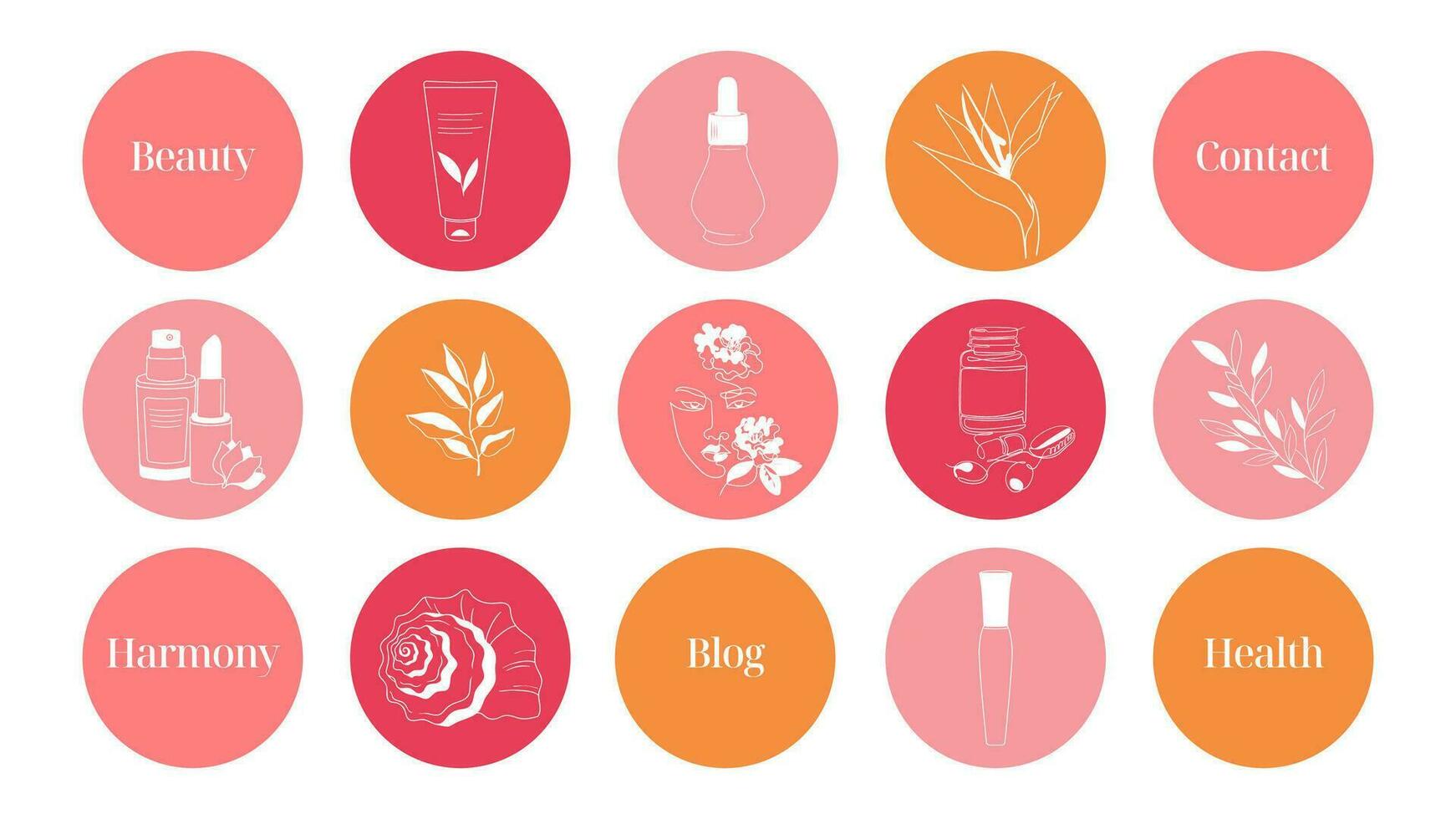 A set of highlights bright simple pink and orange icons for a blog about cosmetics, medicine and mental health. vector