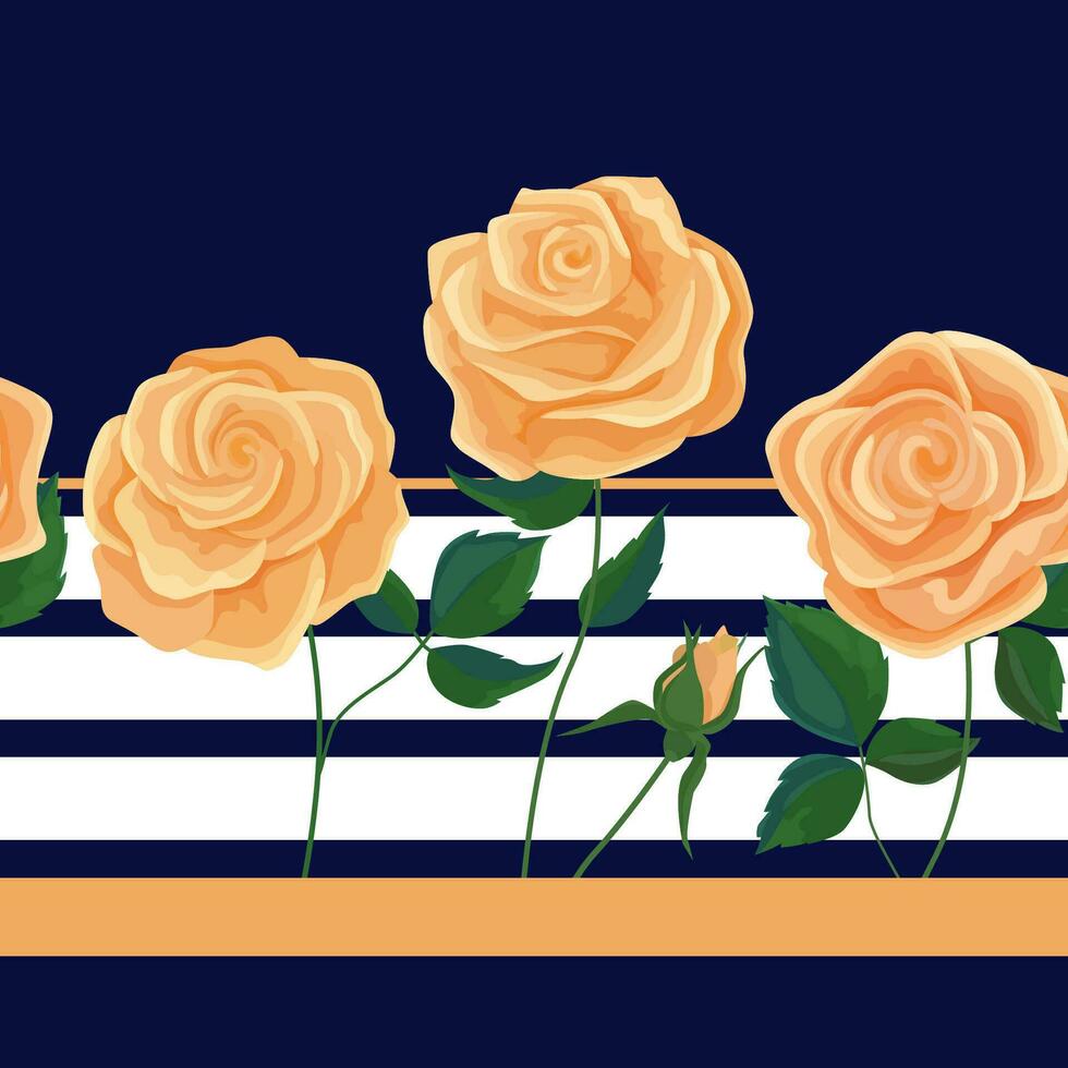 Vector illustration of yellow roses border seamless pattern on blue background. Geometric ornament with flowers for cards and fabric.
