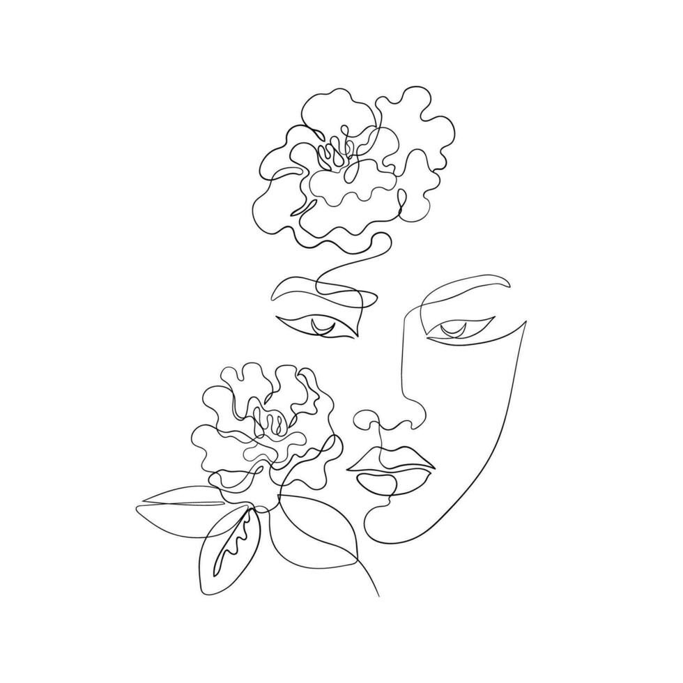 Lineart female face. Asian women drawn in one line, camellia flowers boho style for business, invitations, price lists and cards vector