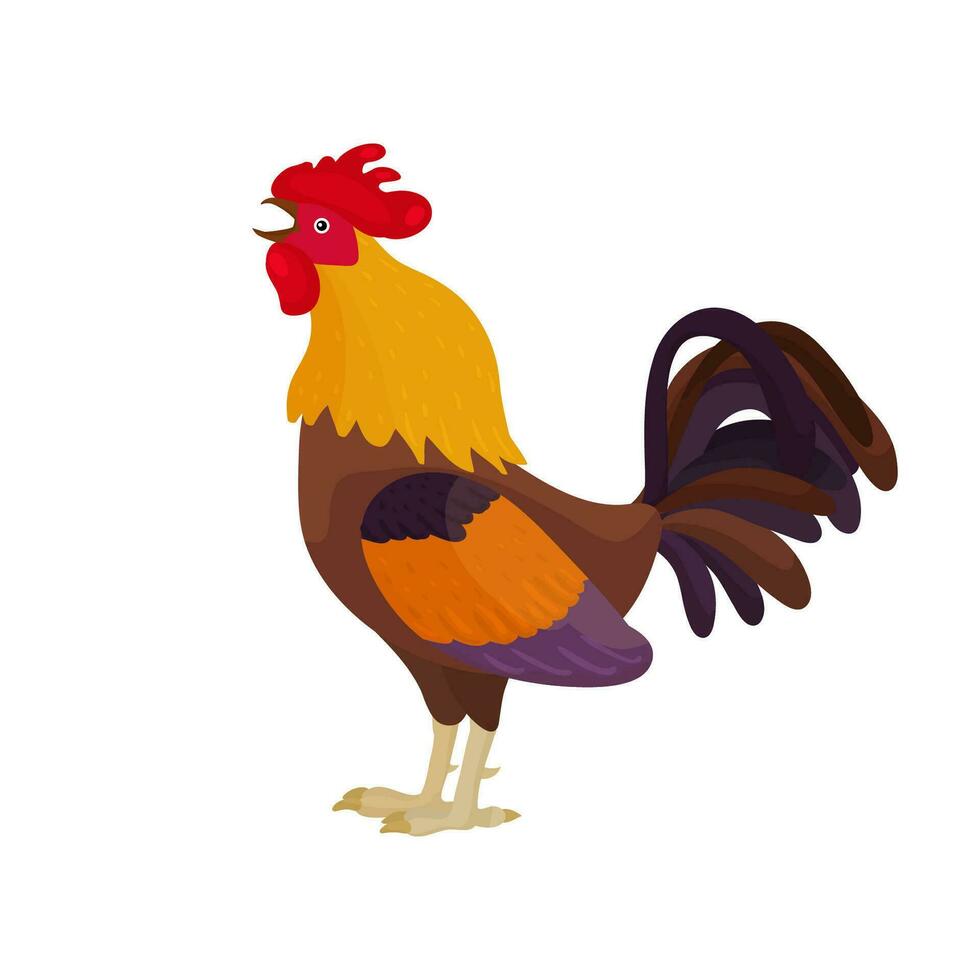 vector ilustración de un gallo en un dibujos animados estilo canta brillante gallo cuervos como un símbolo o mascota para para niños libros, ropa diseño y postales con letras.