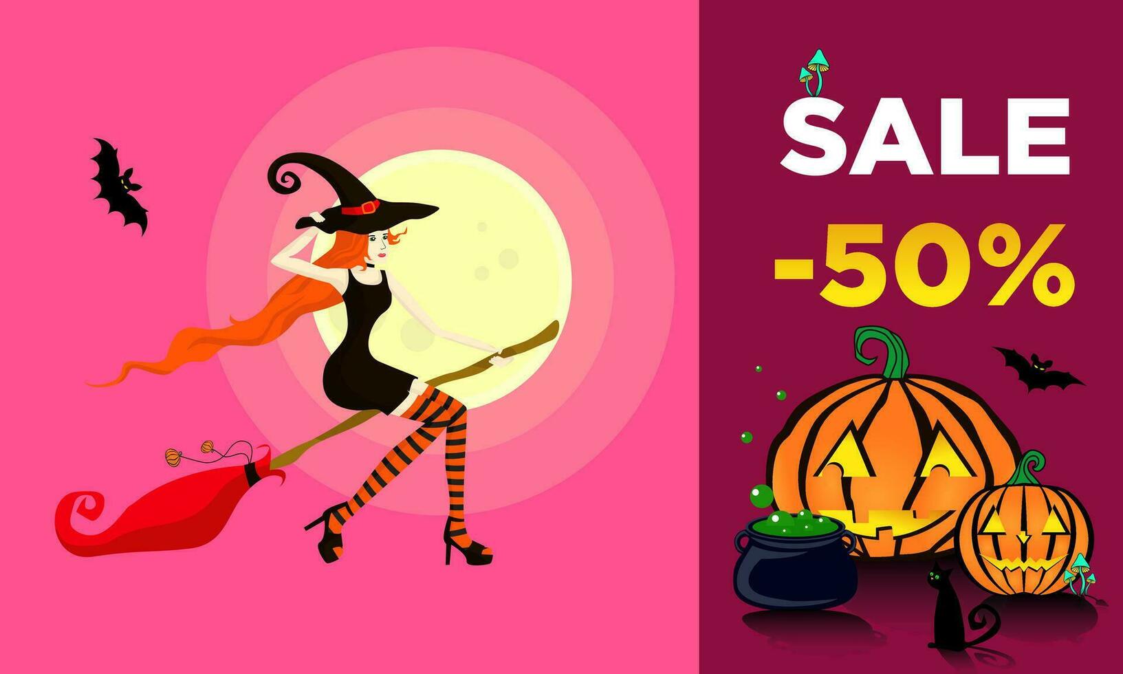 Young beautiful girl dressed as a witch flies on a broom toward sales with 50 discounts. Pink-purple flyer colors are suitable for women's sales. vector