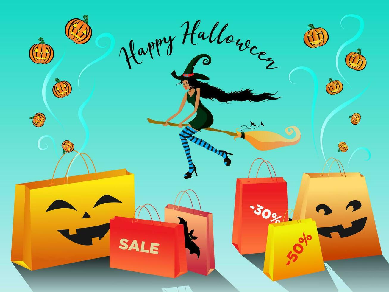 Happy Halloween sale promotion banner with a beautiful blackskin witch flying on a broomstick and bags. Funny pumpkins and fun cmiles on the bags. Vector illustration on blue gradient background.