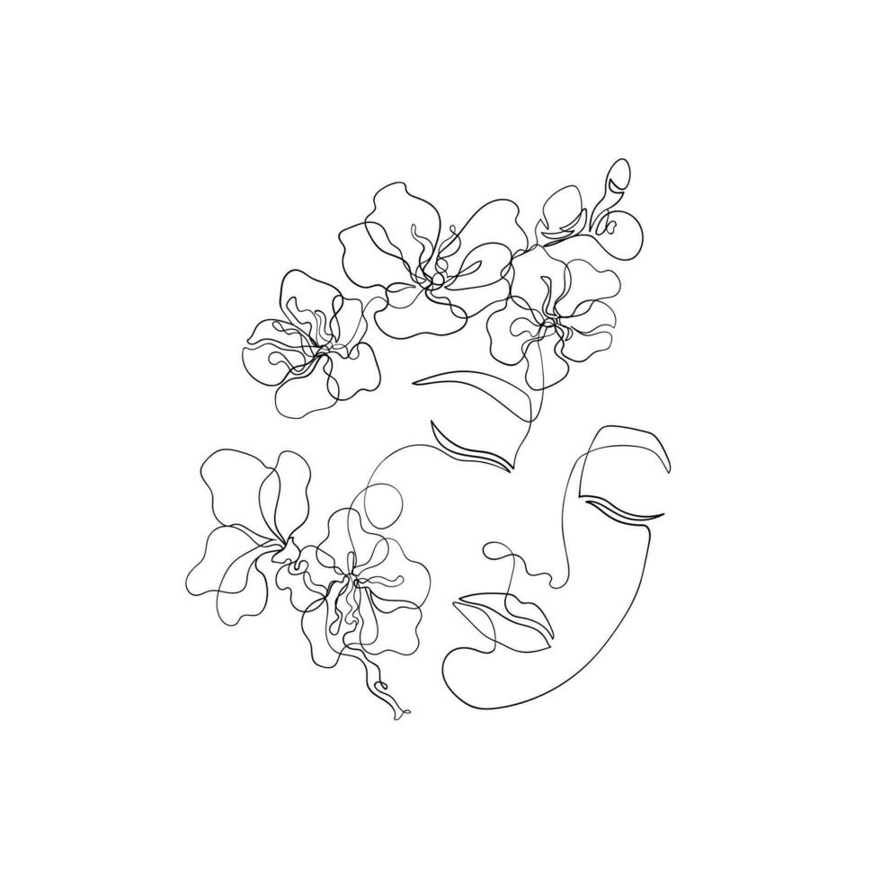 Lineart female face. Asian women are drawn in one line, sakura flowers boho style for business, invitations, price lists and cards vector