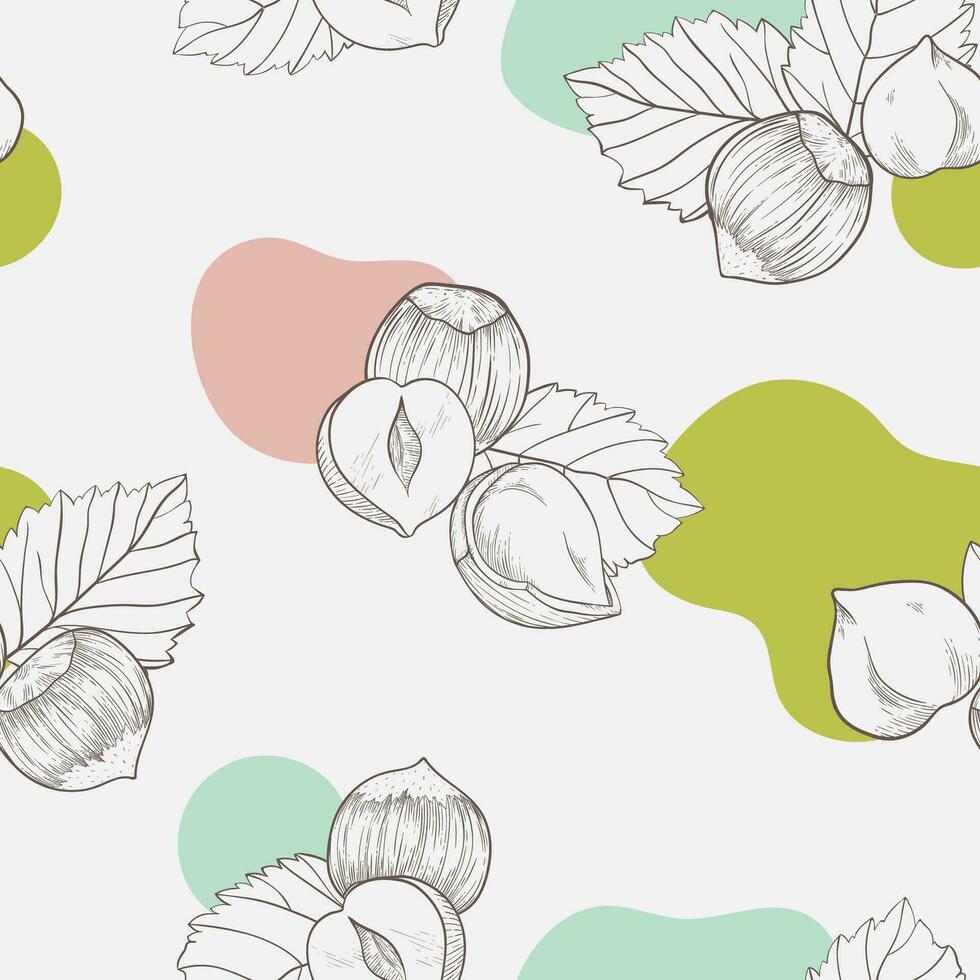 Seamless hazelnut pattern with several fruit nuts and kernels in sketch style. The background is bright for packing hazelnut or chocolate, nut paste vector