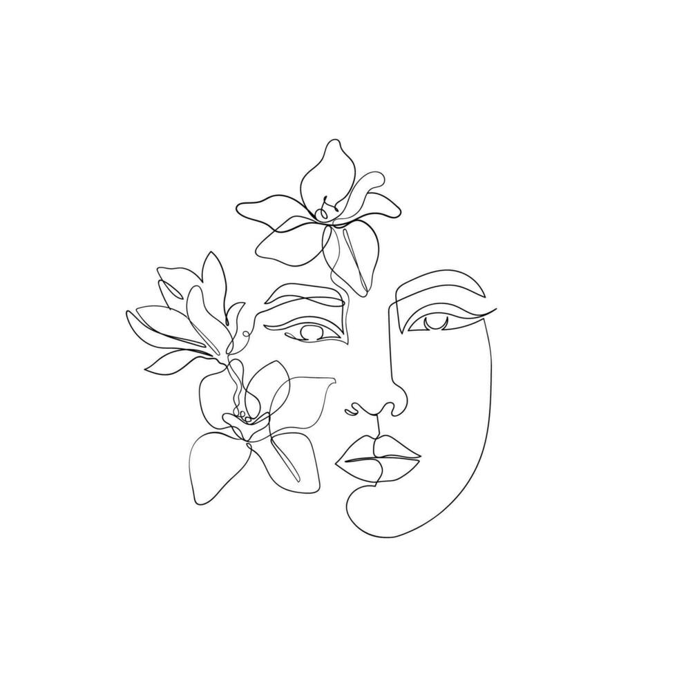 Lineart female face. Asian women drawn in one line, magnolia flowers boho style for business, invitations, price lists and cards vector