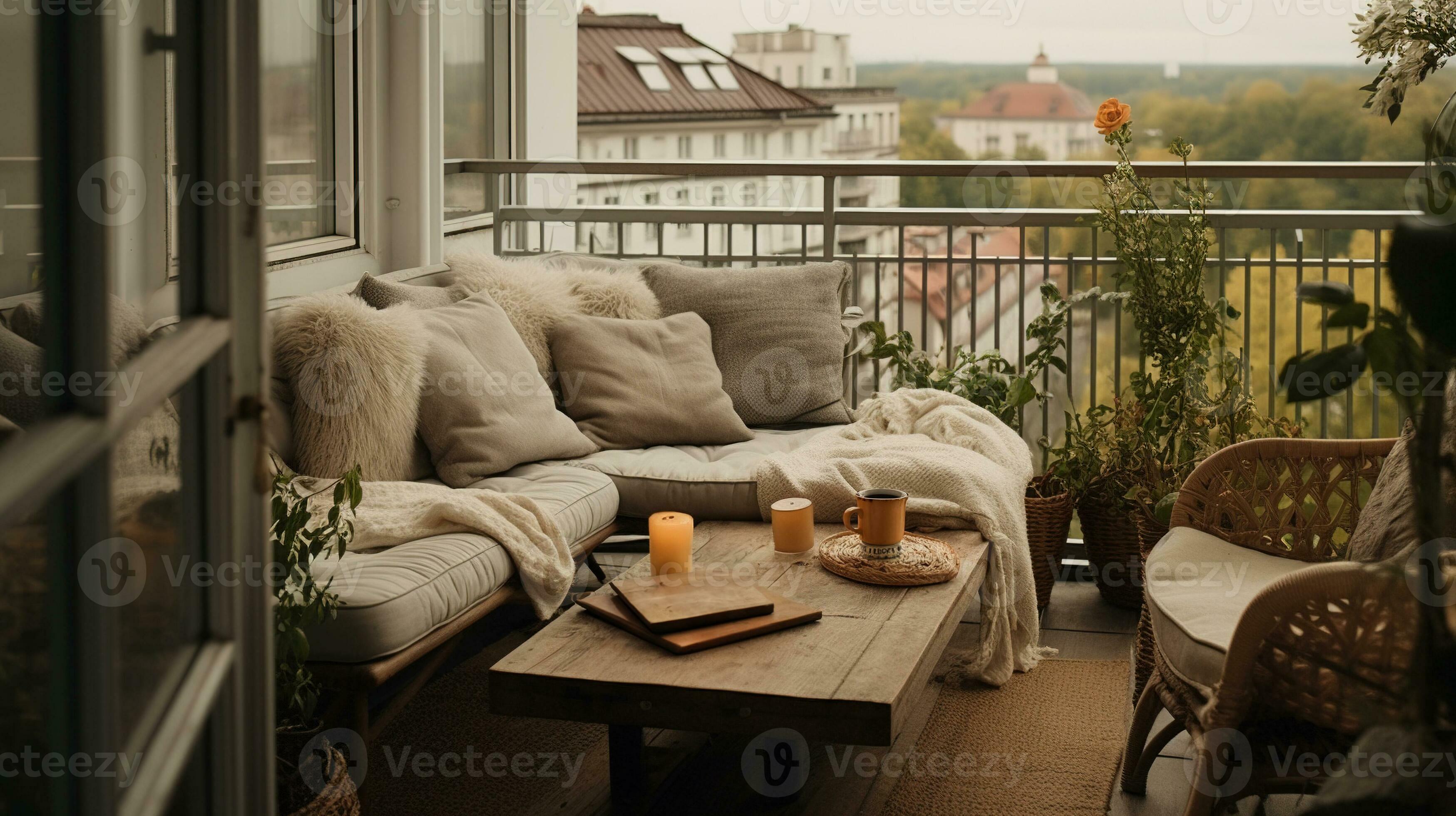 Generative AI, Cozy balcony in muted neutral colors with blanket, chair