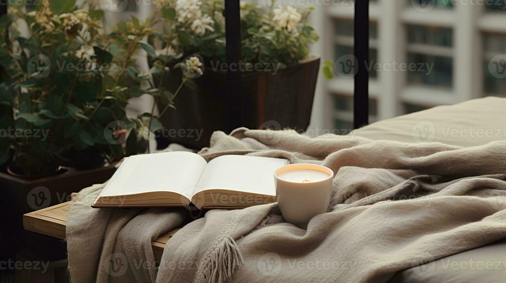 Generative AI, Cozy balcony in muted neutral colors  with blanket, chair and candles. Soft sofas and chairs for relax, bohemian ideas photo