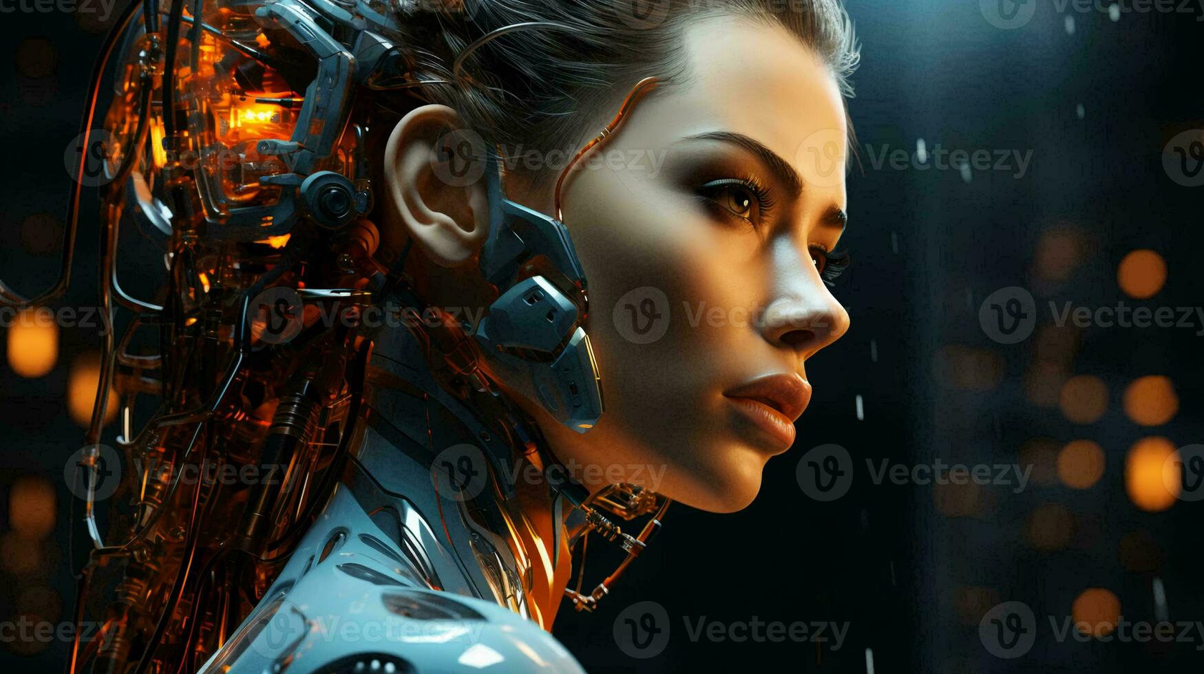 Connection of human woman and artificial intelligence robot. The concept of merging a person and a computer with neural networks in the future. AI generated photo
