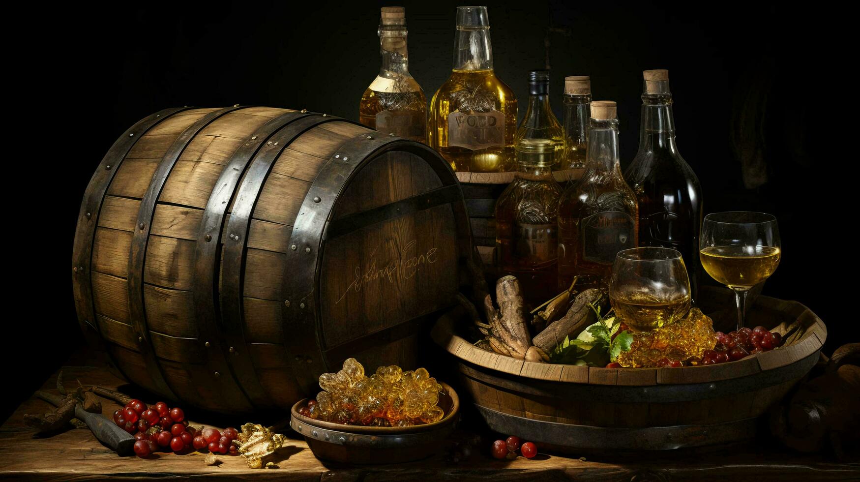 Wooden oak barrels with beer and wine in a wine cellar photo