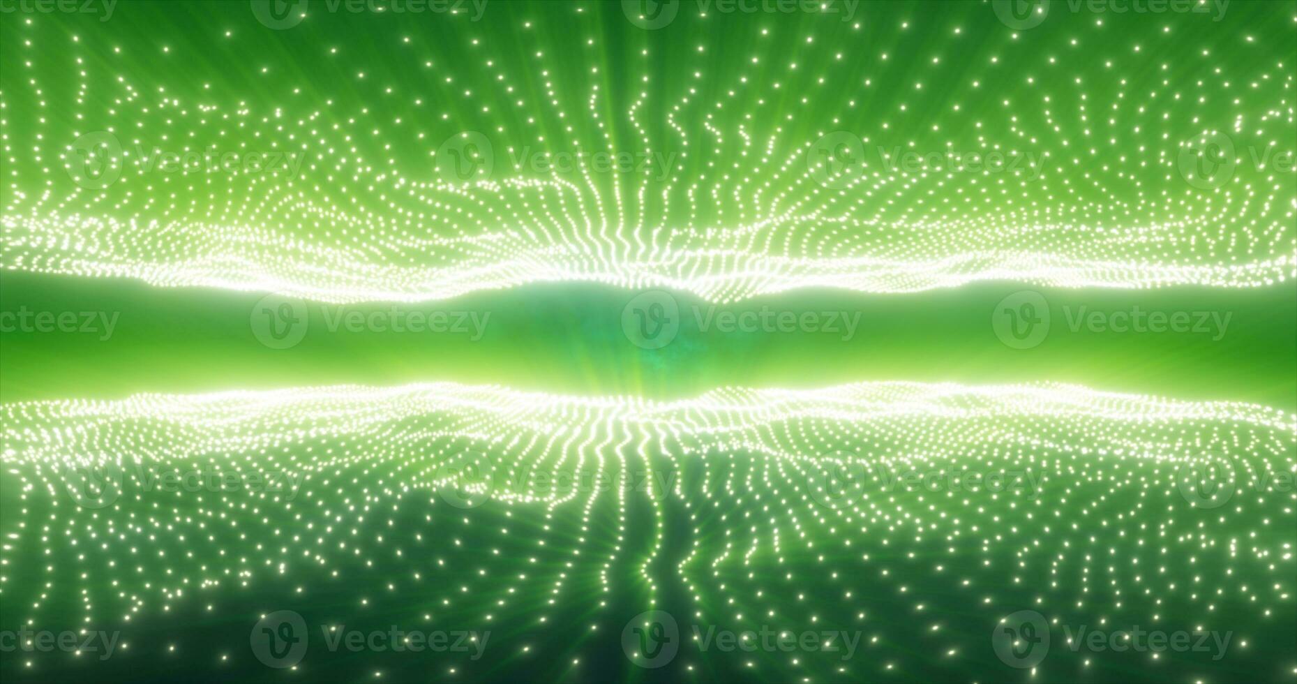 Abstract green energy waves from particles above and below the screen magical bright glowing futuristic hi-tech background photo