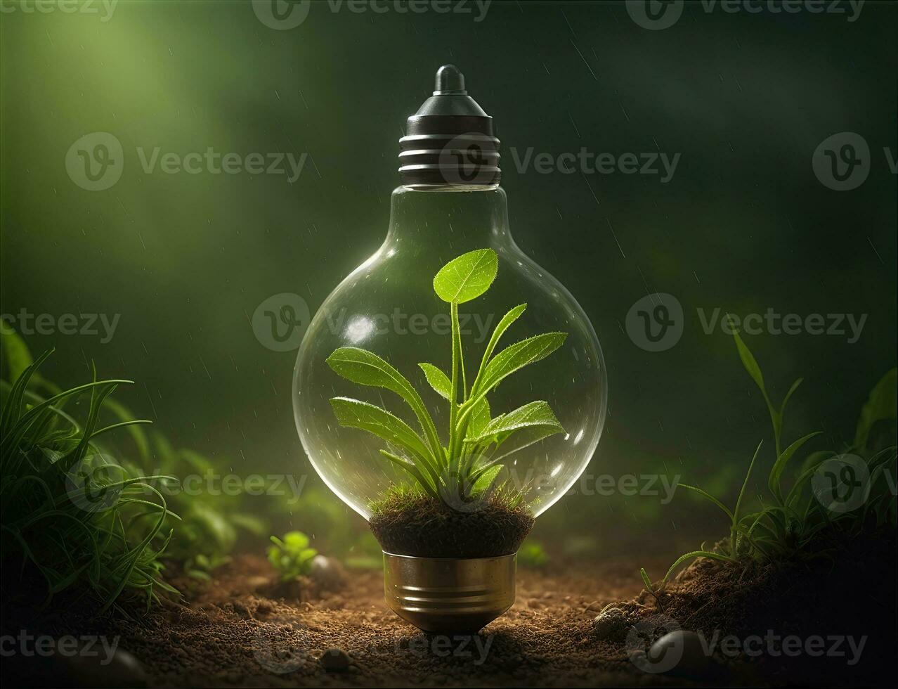 Green concept green light bulb with green life and enviroment photo