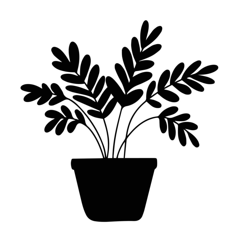 Houseplant silhouette. Hand draw silhouette houseplant in pot isolated on white background. Vector illustration.