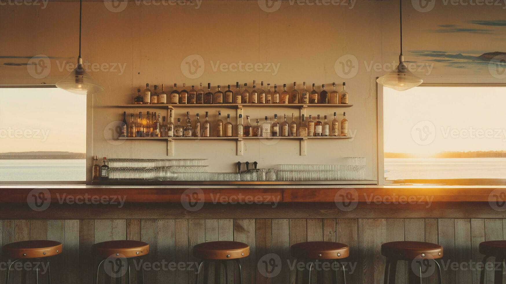 Generative AI, summer sunset beach bar background. Outdoor restaurant, Led light candles and wooden tables, chairs under beautiful sunset sky, sea view. photo