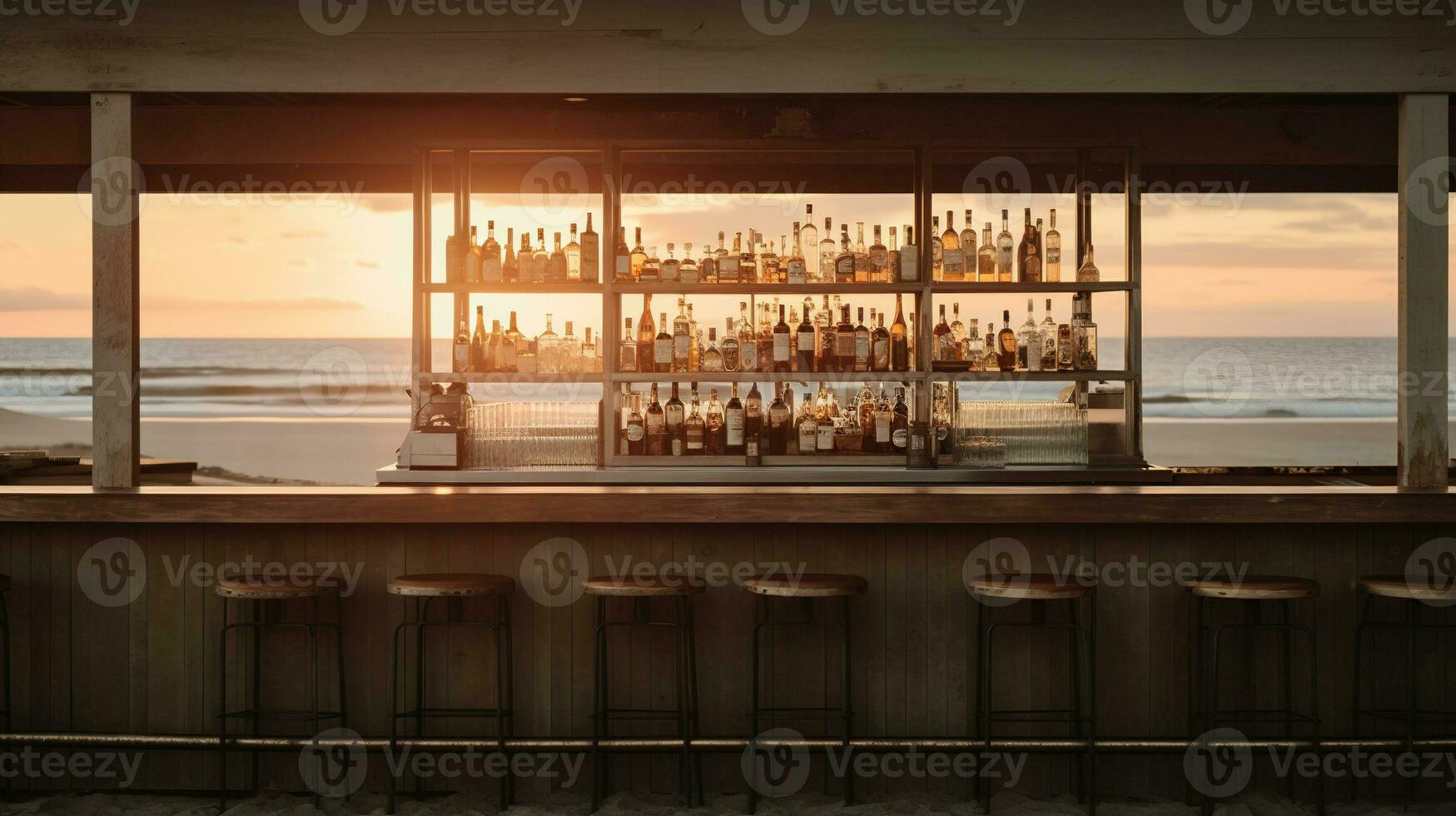 Generative AI, summer sunset beach bar background. Outdoor restaurant, Led light candles and wooden tables, chairs under beautiful sunset sky, sea view. photo