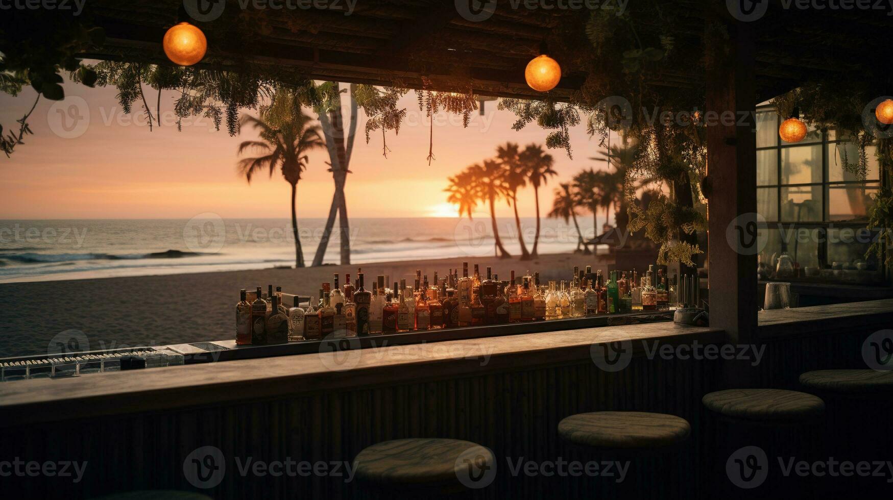 Generative AI, summer sunset beach bar background. Outdoor restaurant, Led light candles and wooden tables, chairs under beautiful sunset sky, sea view. photo