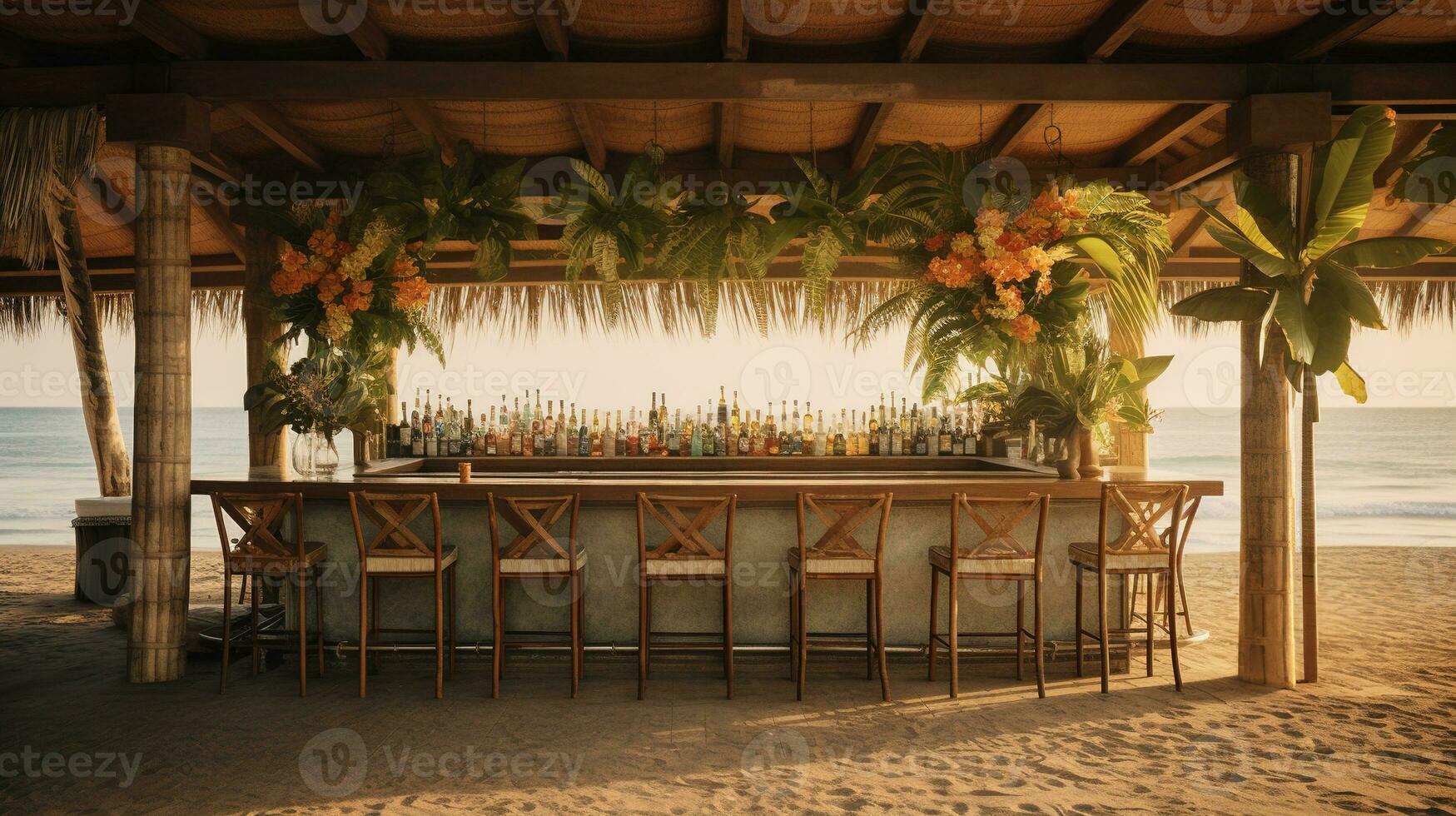 Generative AI, summer sunset beach bar background. Outdoor restaurant, Led light candles and wooden tables, chairs under beautiful sunset sky, sea view. photo