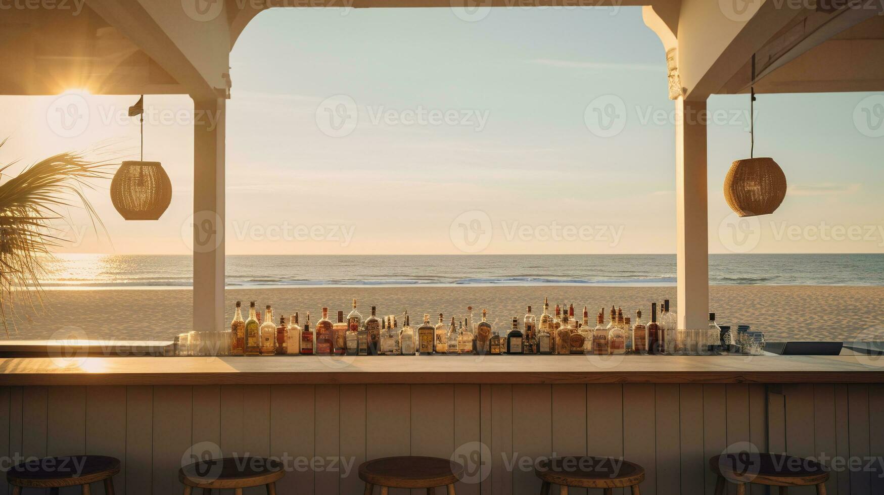 Generative AI, summer sunset beach bar background. Outdoor restaurant, Led light candles and wooden tables, chairs under beautiful sunset sky, sea view. photo